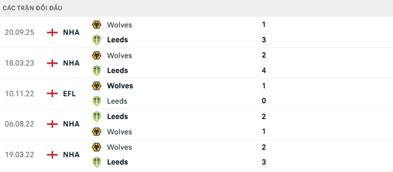 Lịch sử đối đầu Leeds vs Wolves